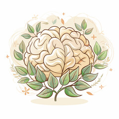 Illustration of a brain surrounded by green leaves, symbolizing knowledge and growth, organic design, creativity in education, mental health awareness, nature's influence on intellect.