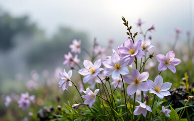 Obraz premium Soft purple flowers in a field with a blurred green forest backdrop, creating a serene and gentle natural scene under soft daylight.