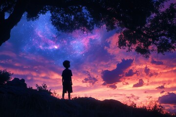Fototapeta premium Boy looking up at a galaxy in the sky under a tree at sunset on a hill