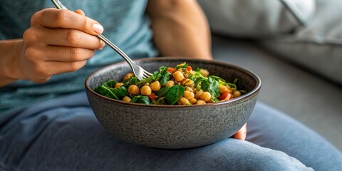 Enjoy a healthy dinner or lunch with a vibrant vegan Buddha bowl, featuring homemade hummus and fresh vegetables, all lovingly held in hand for a delightful meal experience.