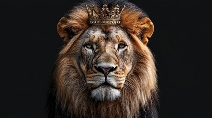 Fototapeta premium Majestic lion wearing a golden crown, symbolizing royalty and strength against a dark backdrop, exuding power