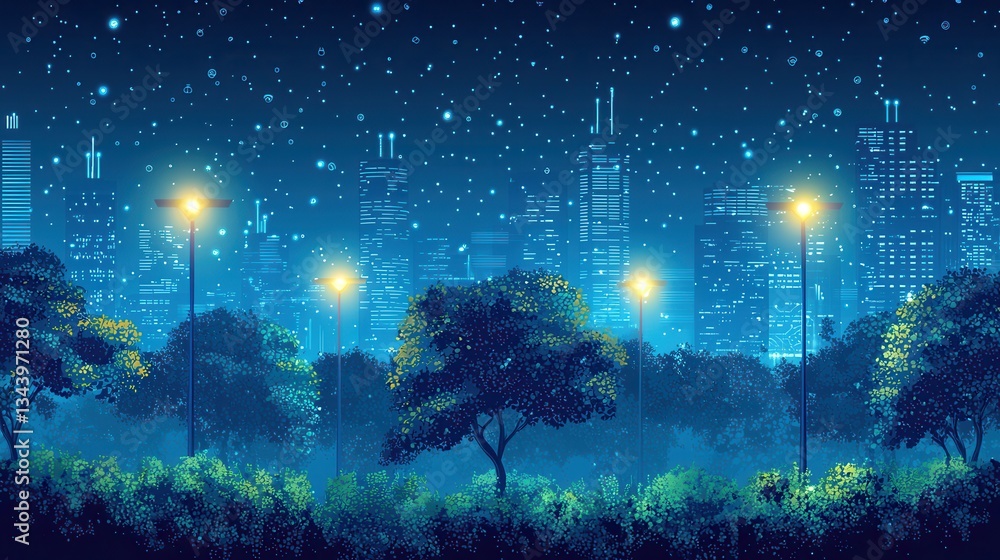 Poster iot sensors optimizing energy use in urban lighting systems representing smart city advancements