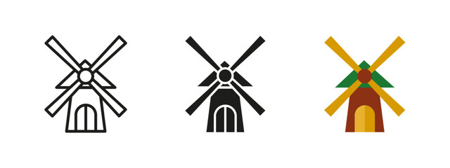 Windmill icon. Traditional farm mill vector illustration. Agricultural and countryside symbol representing grain milling and rural heritage. Classic barnyard and village landmark concept.