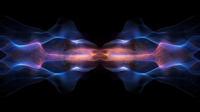 Abstract digital wave structure resembling a musical rhythm, with glowing hexagonal grid patterns and big data visualization.