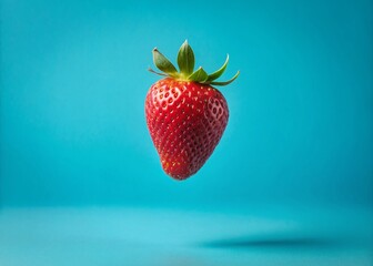 Floating Strawberry: Minimalist Blue Background Food Photography