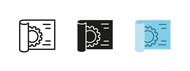 Blueprint icon. Technical drawing with a gear vector illustration. Engineering, architecture and industrial design symbol. Used in construction, mechanical projects and innovation concepts.