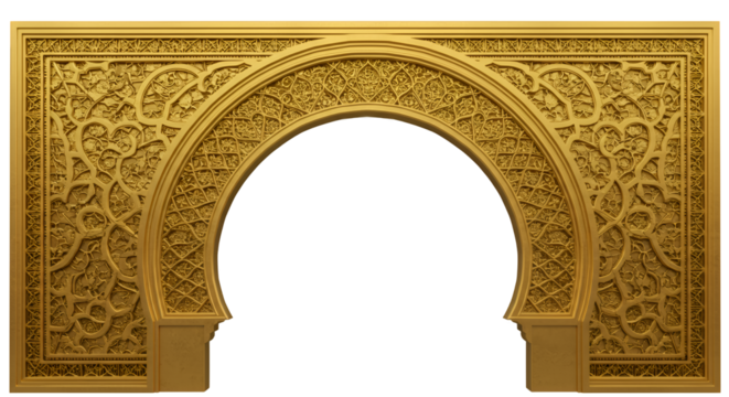 Intricate Golden Archway with Floral and Geometric Patterns on Transparent Background