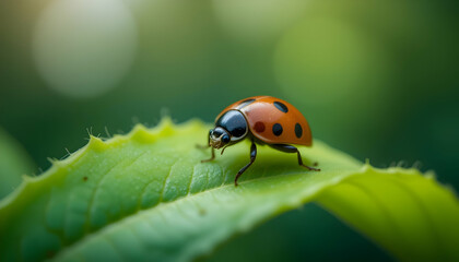 Fototapeta premium Vibrant Ladybug on a Green Leaf Nature Photography Insect Wildlife Macro Closeup Garden Spring Summer