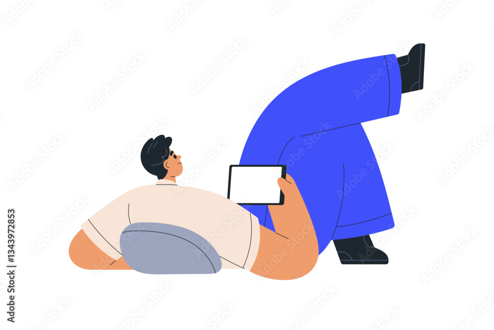 Poster man relaxing with digital tablet computer. young person lying back and watching blank screen, holdin