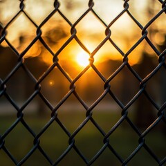 Fototapeta premium Sunset View Through Chain Link Fence at Dusk Golden Hour