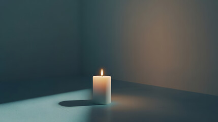 single minimalist candle casts warm glow in dark room, creating serene and peaceful atmosphere. soft light and shadows enhance simplicity and elegance of scene