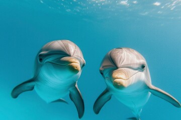 Two dolphins swimming in the ocean, aquatic background. For tourism industry use
