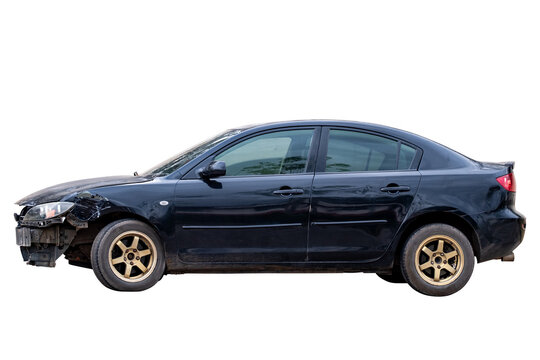 Car crash, Side view of black sedan car get damaged by accident on the road. damaged cars after collision. isolated on transparent background, PNG File