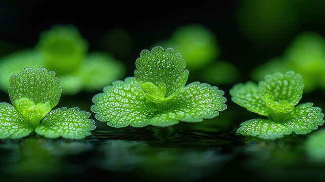 Close up view of vibrant green Wolffia globosa plants floating on water, showcasing their intricate textures and delicate details. serene atmosphere evokes sense of tranquility