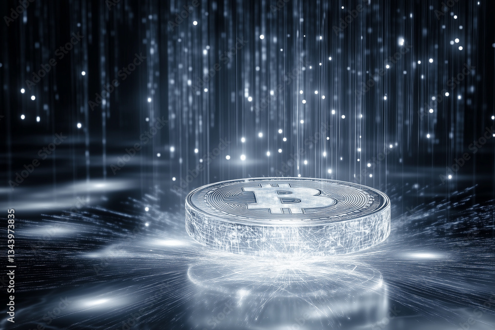 Aufkleber floating digital currency coin with crystal-clear design surrounded by glowing particles and light e