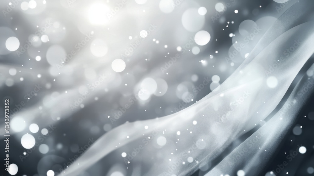Poster abstract futuristic silver and black background with glowing curves, bokeh lights, and soft gradient