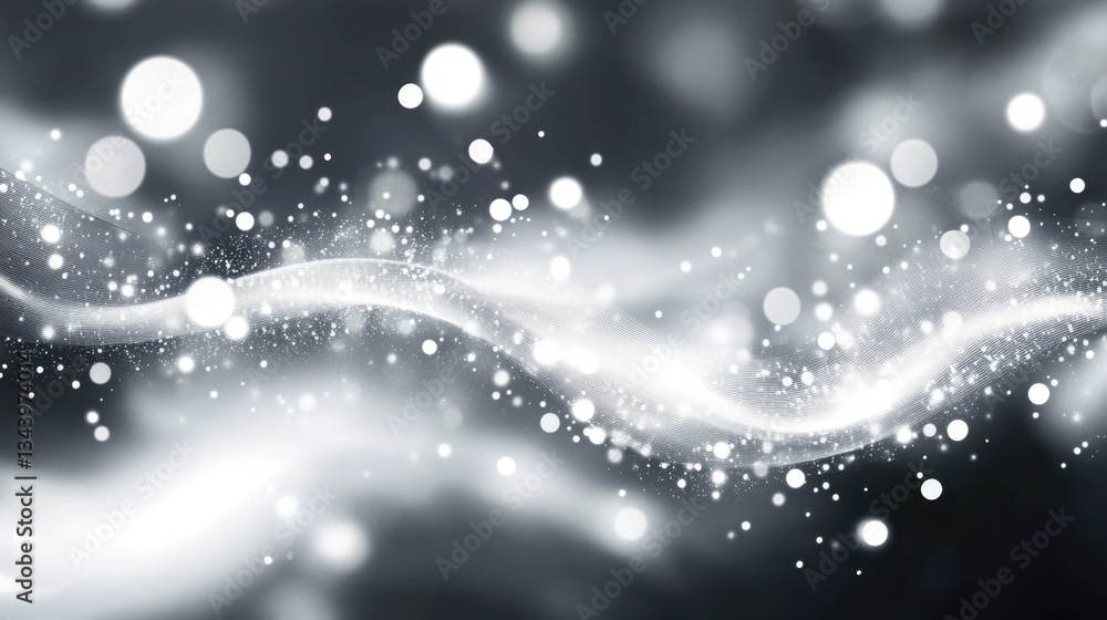 Poster abstract futuristic silver and black background with glowing curves, bokeh lights, and soft gradient