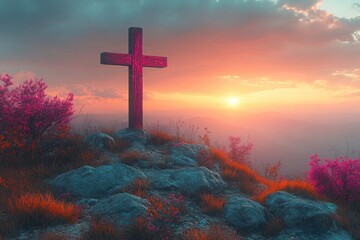 Christian Cross on Rocky Hilltop at Sunrise, Symbol of Faith, Easter Celebration, Resurrection of Jesus Christ