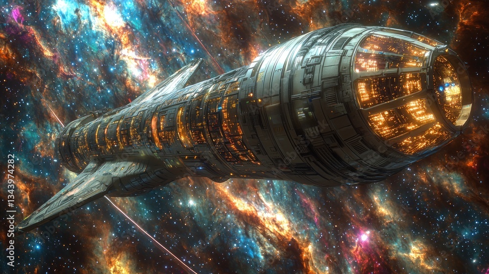 Poster futuristic spaceship navigating through a vibrant nebula in outer space