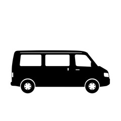 Silhouette of a Black Van: Clean, minimalist silhouette of a van, perfect for illustrating concepts of travel, transportation, or commercial services. The design is sleek and modern.