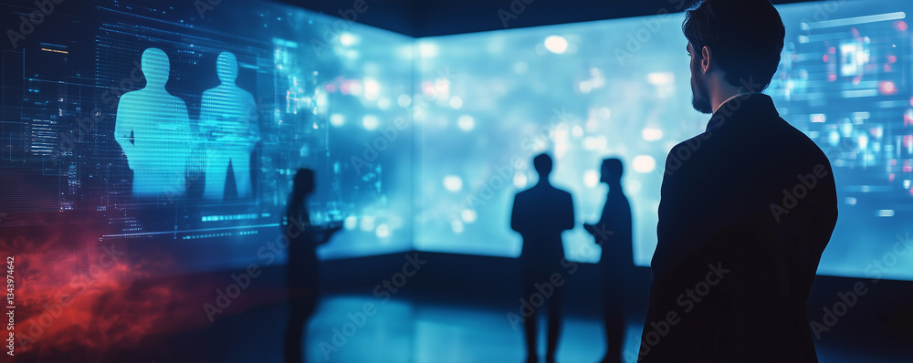 Aufkleber futuristic meeting where humans engage and collaborate with artificial intelligence systems in a hig