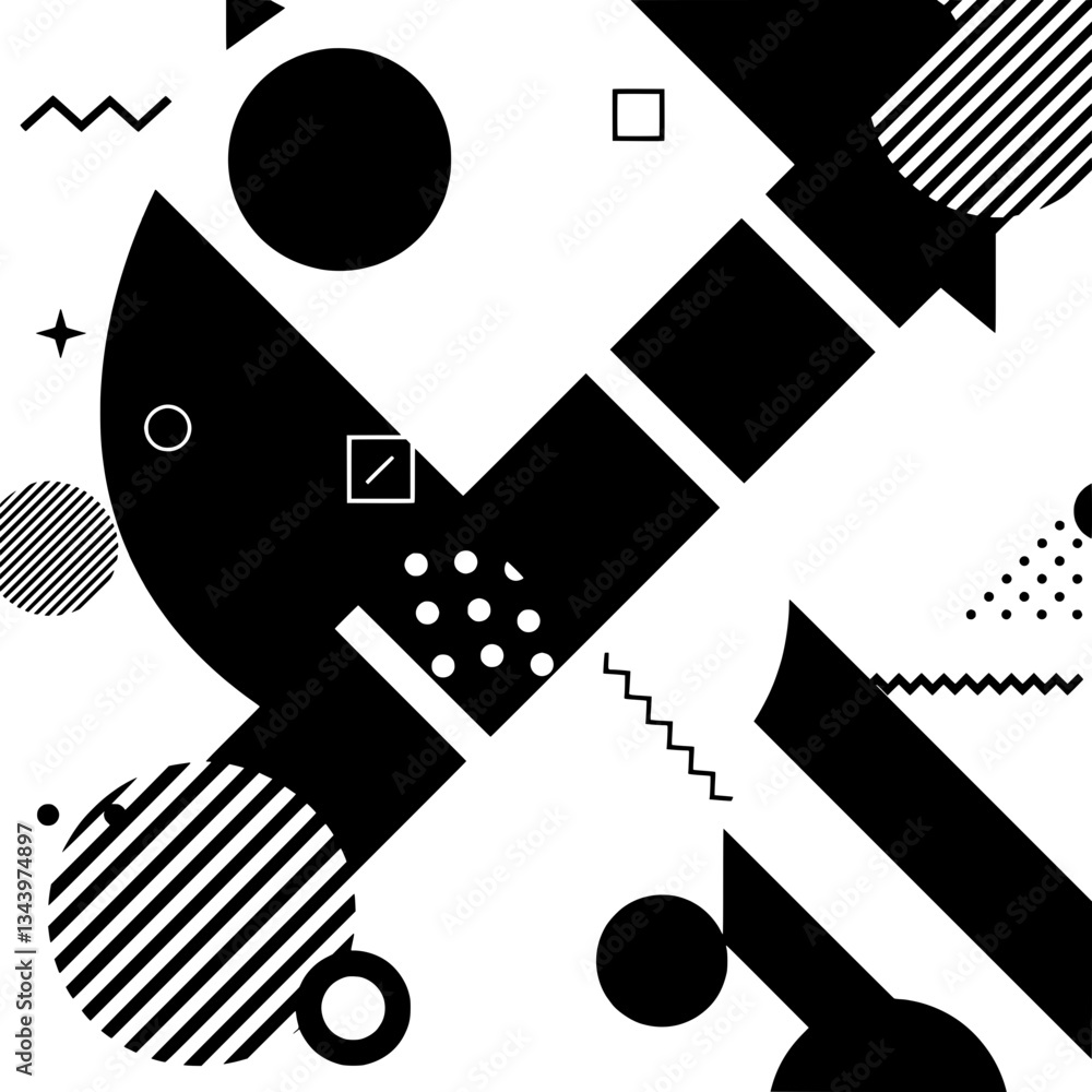 Poster dynamic graphic composition: bold geometric shapes and patterns create a visually striking black and
