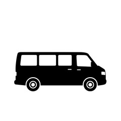 Urban Mobility Icon: A minimalist black silhouette of a passenger van, isolated on a clean backdrop. Its sleek design suggests efficiency, reliability, and modern transportation solutions.