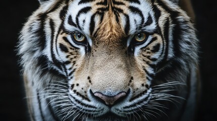 Fototapeta premium Majestic close-up of a tiger's face showcasing its intense gaze and intricate fur patterns in a dark setting