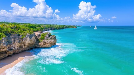 Obraz premium Scenic Ocean View with Waves, Currents, and Sailboats Beneath a Clear Blue Sky