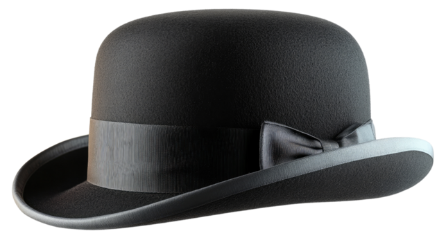 Classic Bowler Hat: A close-up shot of a timeless black bowler hat, showcasing its elegant shape and fine detailing, an embodiment of classic style.