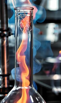 fire in glass tube from a chemistry experiment in laboratory with vibrant reactions