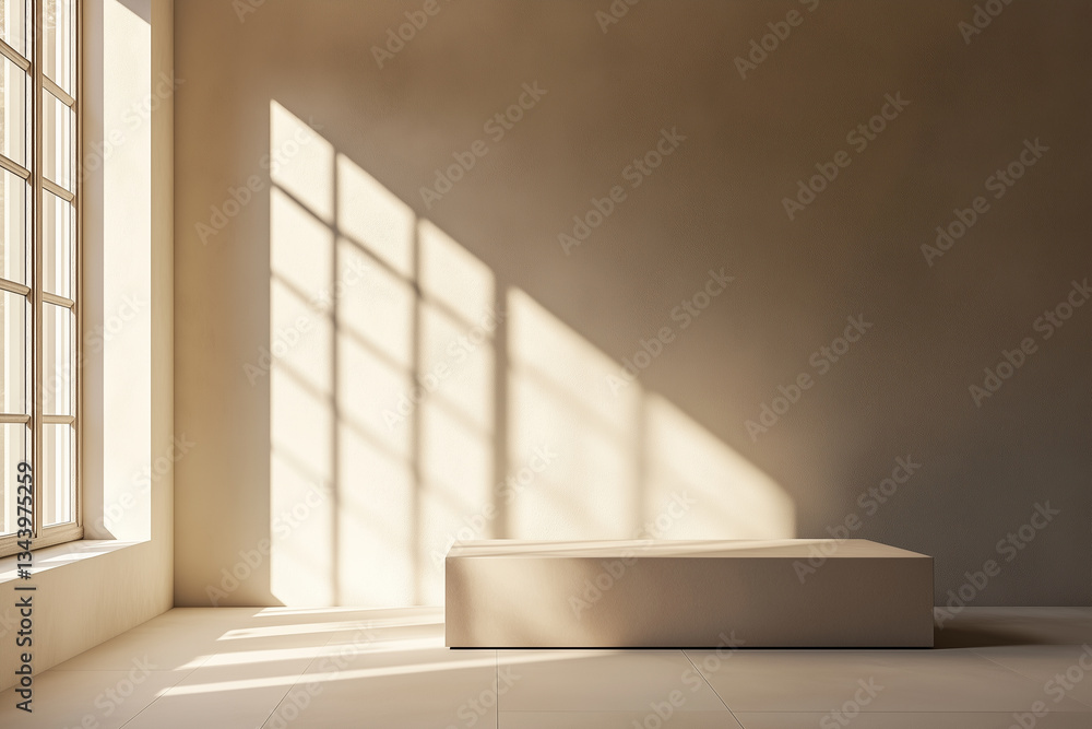 Poster elegant product display bathed in natural light within a minimalist room emphasizing simplicity and 