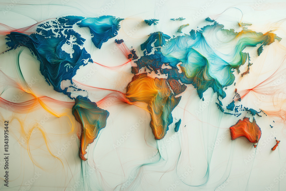 Poster holographic world map illustrating dynamic financial movements with colorful visualizations of data 