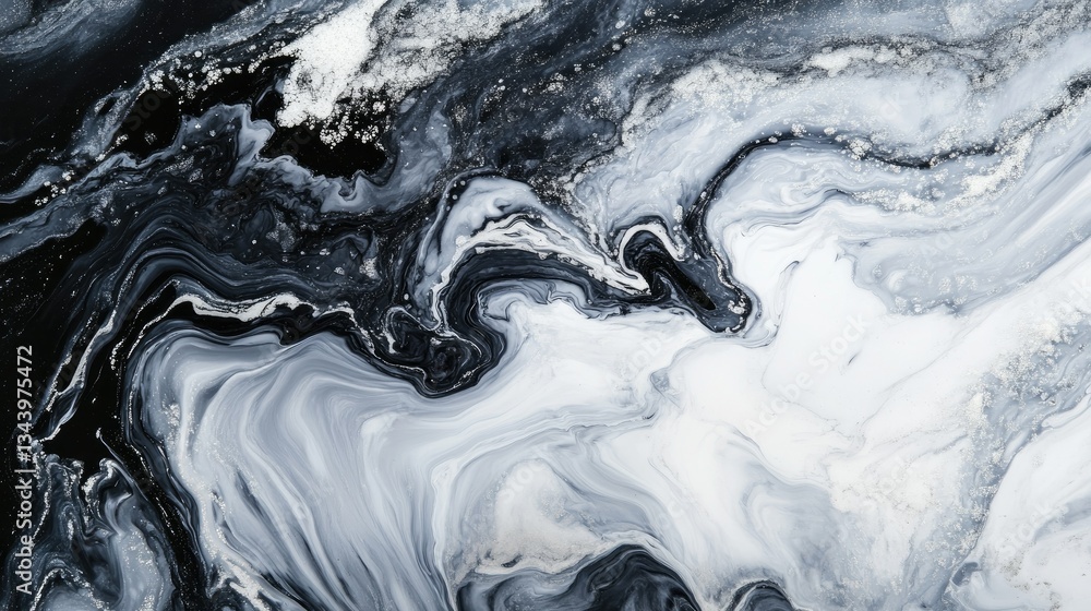 Poster elegant abstract white and black fluid waves blending seamlessly with a minimal aesthetic.