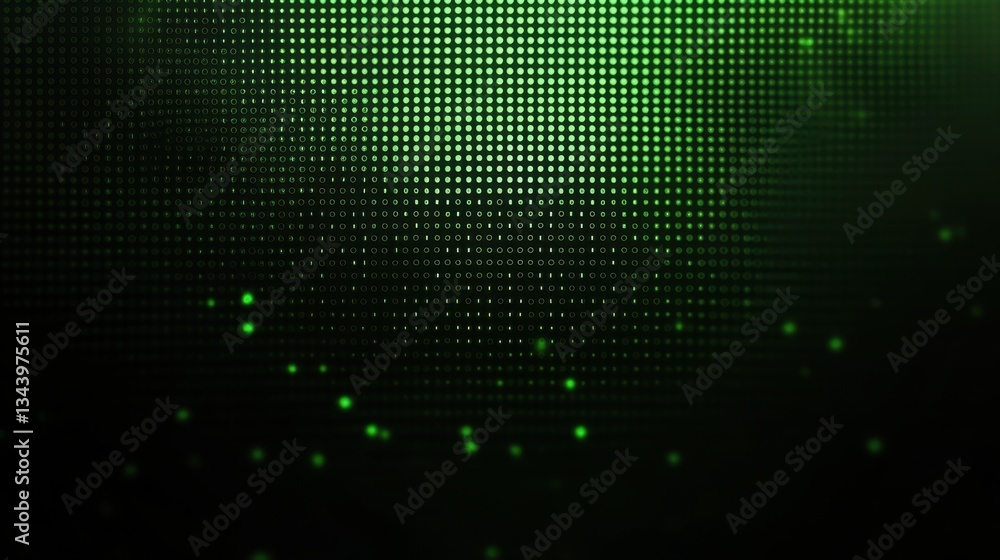 Poster abstract glowing green matrix with dots of different sizes forming a cyber-tech aesthetic. perfect f