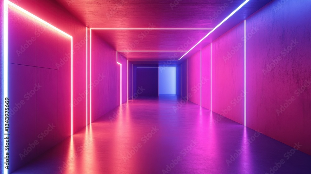 Poster abstract glowing lines pulsating through a high-tech hall, creating an immersive sci-fi atmosphere.