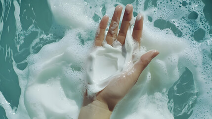 Fototapeta premium hand gently holds dollop of moisturizing cream amidst soft, foamy water, creating soothing and delicate scene