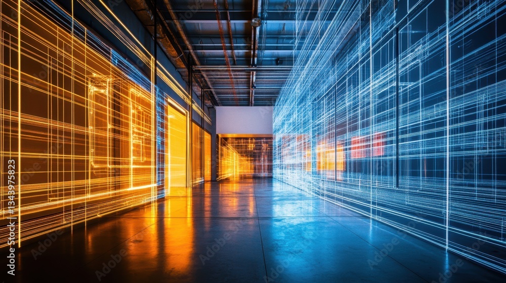 Poster abstract glowing lines pulsating through a high-tech hall, creating an immersive sci-fi atmosphere.