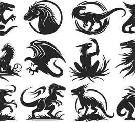 Obraz premium A set of black and white heraldic horses in tribal tattoo style, featuring various animal silhouettes like lions, dragons, birds, and fish, designed as vector illustrations and symbols