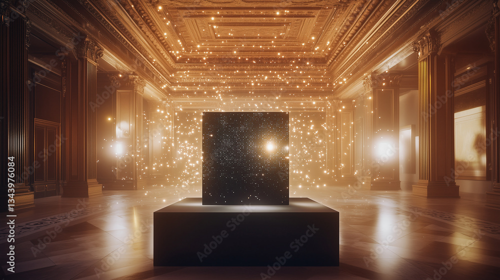 Poster luxury digital art piece showcased in an elegant virtual gallery space filled with sparkling light e