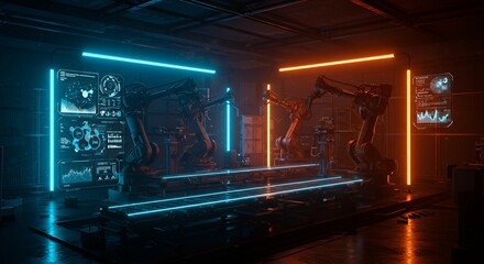 Obraz premium Futuristic Factory with Robotic Arms and Interactive Displays