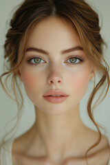 Naklejka premium stunning studio portrait of woman with natural makeup, soft features, and wavy hair, exuding elegance and grace. Her captivating eyes and gentle expression create serene atmosphere