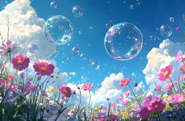 Dreamy field of cosmos flowers under a bright blue sky with floating bubbles