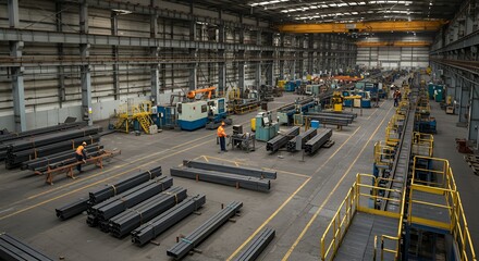 Fototapeta premium Industrial Steel Fabrication Facility with Workers and Machinery