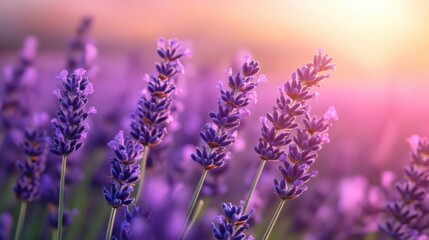 Vibrant Lavender Field with Soft Sunset Glow Over Blossoming Flowers