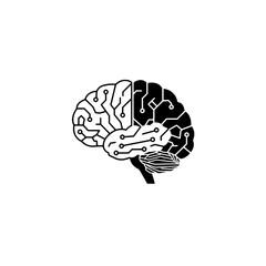 Digital Brain: A minimalist monochrome illustration presents a human brain, its hemispheres divided, one side depicting neural pathways, the other transformed into intricate circuit patterns.