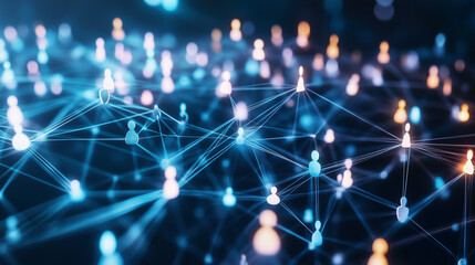 A virtual network of followers linked through digital nodes, enhancing social interaction and online engagement in a futuristic setting