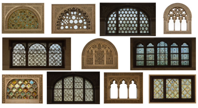 Twelve Intricate Window Frame Designs on Transparent Background
