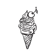 Vanilla ice cream scoops in waffle cone with cherry in black brush stroke texture isolated on white. Hand drawn vector sketch illustration in vintage charcoal ink. Popsicle, summer, menu design