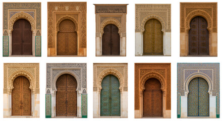 Twelve Intricately Carved Wooden Doors with Moorish Architectural Details